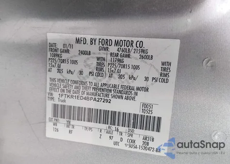 2011 Ford Ranger Xlt from USA, damaged, VIN 1FTKR1ED4BPA27292